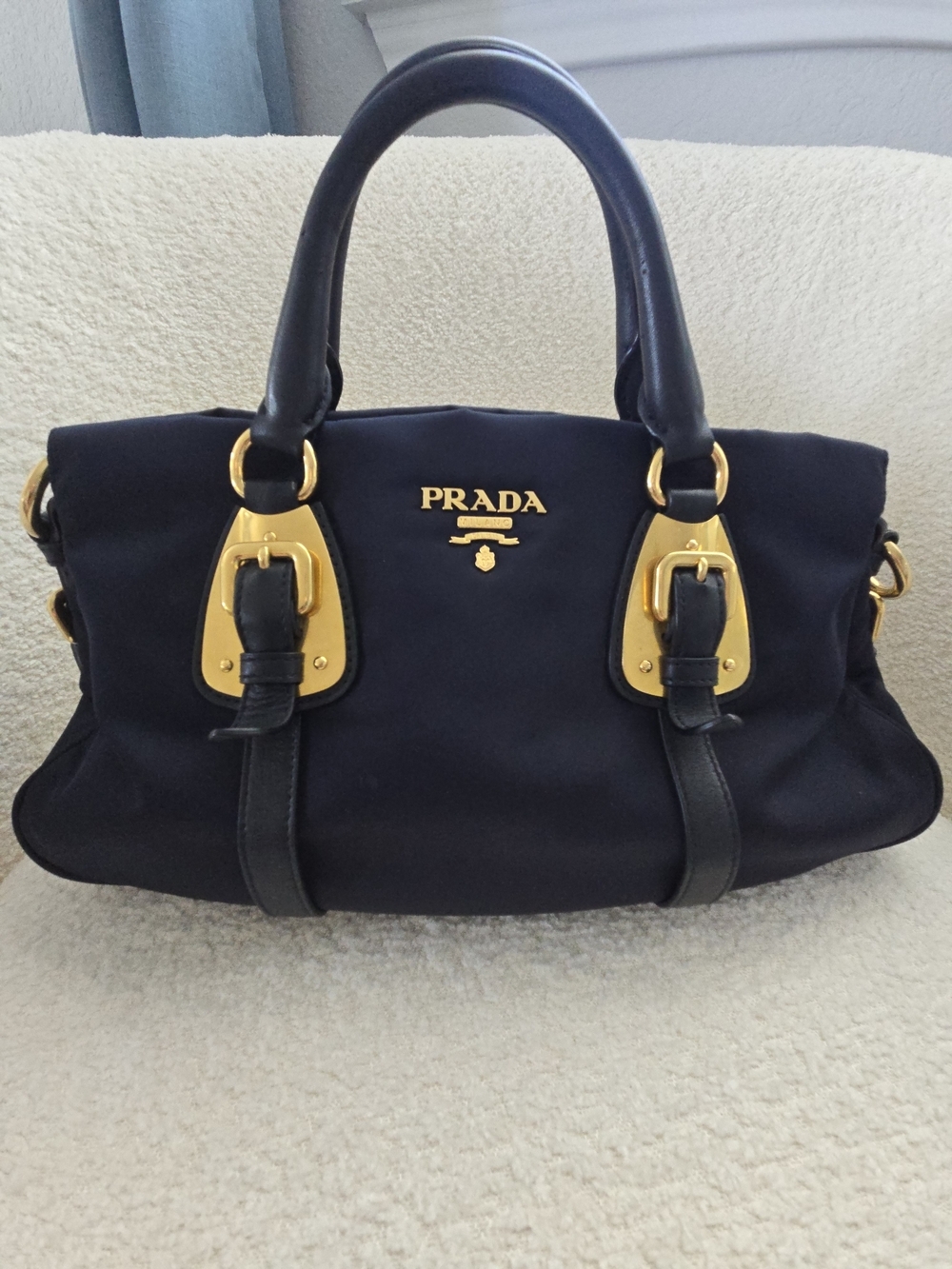 Prada Blue Tessuto Nylon & Soft Calfskin Leather Top Handle Bag - Picture 6 of 17